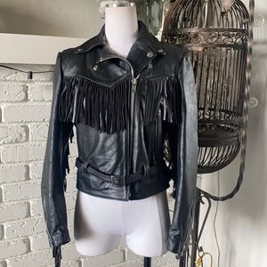 BB LEATHER PRODUCTS FRINGE MOTORCYCLE BLACK LEATHER JACKET 10 MADE IN USA